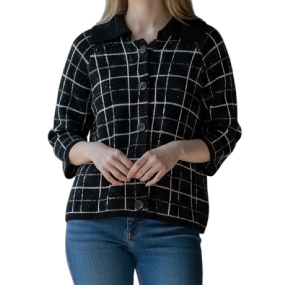 Coldwater Creek Collared Cardigan Windowpane Black size M - Picture 12 of 12